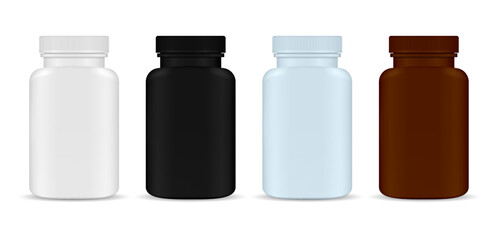Supplement bottle. Medicine pill jar, plastic blank. Vitamin capsule container closeup. Pharmacy drug tablet package with cap, antibiotic aspirin. Sport supplement jar design