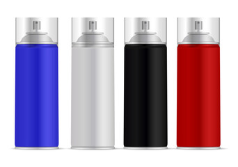 Metal tin. Aerosol bottle steel tube. Paint spray cylinder container mockup. Hairspray aerosol tin, silver color mockup. Graffiti paint bottle pack, realistic blank