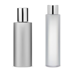 Hair lotion bottle mockup. Shampoo bottle template with silver cap. Hair cream packaging, beauty and shower hygiene. Liquid soap or milk for shower and bathroom, clean design