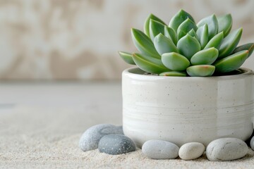 Succulent plant in concrete pot with stones