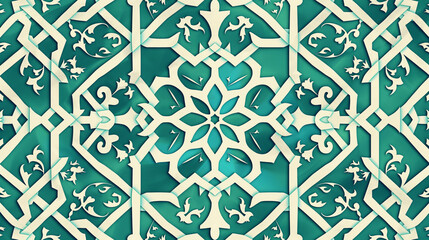 A green and white patterned background with a flowery design