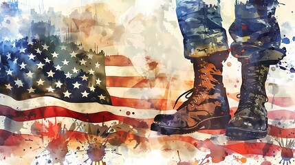 Veterans Day graphic material Patriotic American Flag and Military Memorabilia, American flag watercolor, Military boots silhouette, Soldier tribute