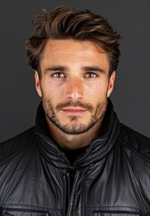 Fototapeta premium Handsome man with beard and wavy hair in black leather jacket