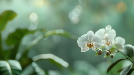 Macro shot of peacock orchid, soft-focus exotic garden backdrop, lush greenery, evoke grace, elegant and ethereal composition.
