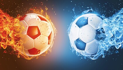 Two Soccer Balls on Fire and Ice, Soccer Ball Collision with Fire and Water Elements, Sport Concept
