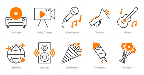 A set of 10 Party and Celebration icons as cd player, video camera, microphone