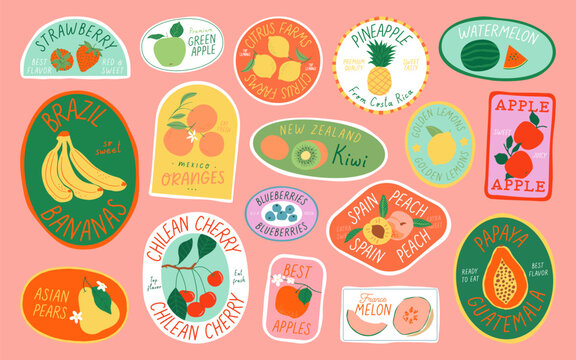 Set of vintage fruit label sticker cartoon illustration. Trendy hand drawn organic food tag collection. Fresh exotic tropical fruits, summer graphic decoration. Lemon, apple, orange, banana doodle.