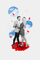 Vertical image collage young couple woman gentleman waltz dance party valentine day holiday...
