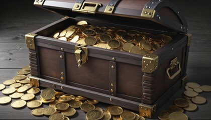 Close up of an open wooden treasure chest with gold coins