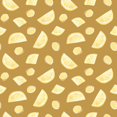 Lemon slices with cut ginger watercolor seamless pattern on mustard yellow background. Healthy mix of citrus fruits and vegetables for herbal tea and lemonade