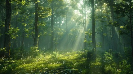 Peaceful forest scene with misty morning light filtering through trees, ideal for nature themes