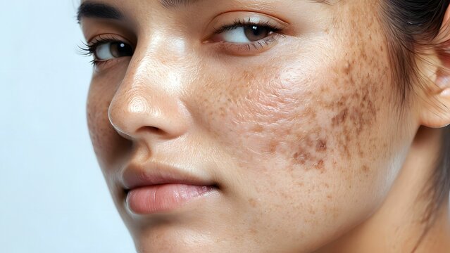 Close-up attractive young woman face with pigmentation skin, melasma (hyperpigmentation caused by hormonal changes) or freckles ( flat skin spots usually caused by genetics and exposure to the sun)