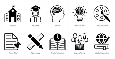 A set of 10 School and Education icons as school, student, mind