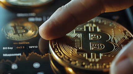 Close-up of a person touching a golden Bitcoin on a screen displaying cryptocurrency market data, reflecting investment and digital currency trends.
