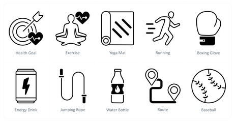 A set of 10 Sports and Fitness icons as health goal, exercise, yoga mat