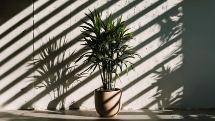 Fototapeta premium Potted plant against white wall in sunlight and shadow
