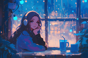 LoFi Girl enjoying a latte at a coffee shop window while watching the rain. Anime style, Cozy vibes