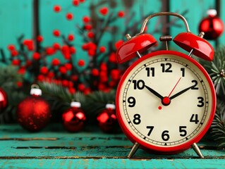 Red alarm clock with Christmas ornaments and evergreen branches on a turquoise background.