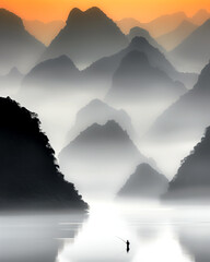 A man is fishing in a lake surrounded by mountains. The sky is orange and the mountains are covered in mist. The scene is peaceful and serene