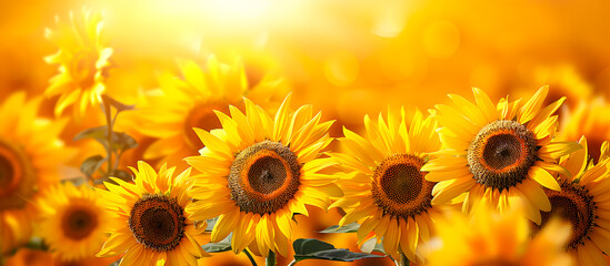 Obraz premium A vibrant field of sunflowers in full bloom, basking in the warm glow of the golden hour sunlight. Perfect image capturing the beauty of nature.