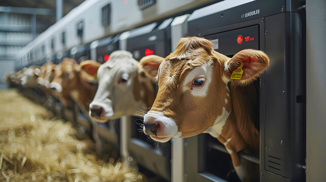 Cows feeding in modern dairy farm, showcasing automated milking machines and advanced livestock technology, promoting agriculture efficiency.