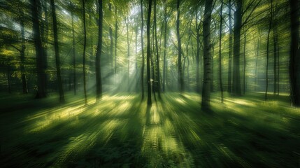 Fototapeta premium Softly blurred forest with sunlit trees