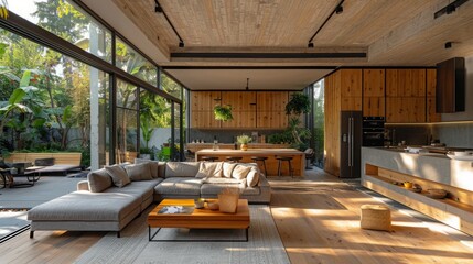 Modern open plan living kitchen with large windows looking onto a green garden. Wooden cabinets, island with bar stools in kitchen, large sectional sofa in living room.