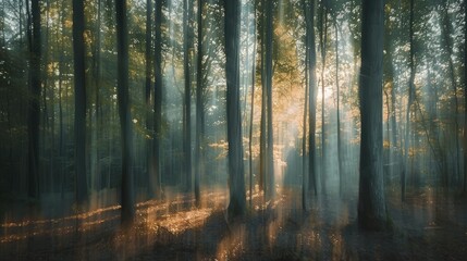 Obraz premium Softly blurred forest with sunlit trees