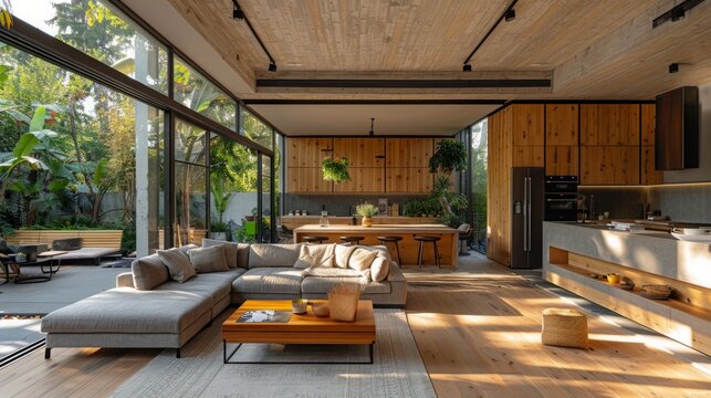 Modern open plan living kitchen with large windows looking onto a green garden. Wooden cabinets, island with bar stools in kitchen, large sectional sofa in living room.