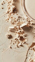 Crushed beige eyeshadow palette with a circle of unbroken eyeshadow in the upper right corner. The eyeshadow should be matte and have a smooth, velvety texture.