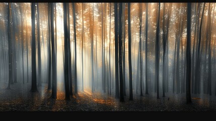 Softly blurred forest with sunlit trees