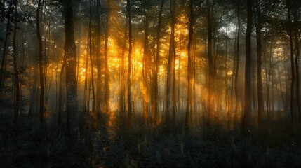 Softly blurred forest with sunlit trees