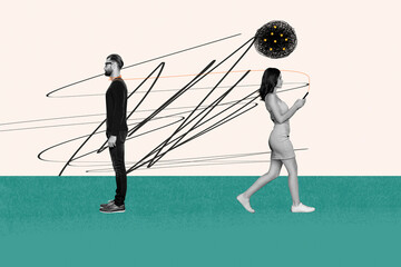 Composite trend artwork sketch image photo collage of problem bad mood psychology mental health man woman walk hold phone divorce break up
