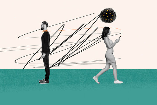 Composite trend artwork sketch image photo collage of problem bad mood psychology mental health man woman walk hold phone divorce break up