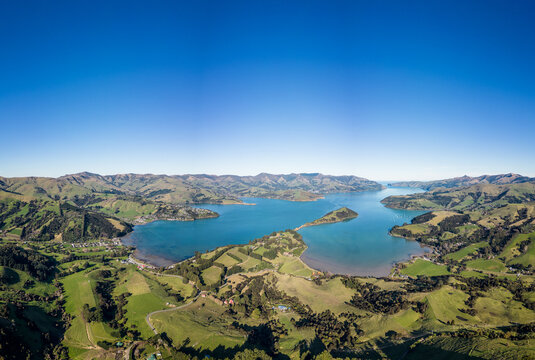 Christchurch, New Zealand: Aerial drone view of the stunning Banks Peninsula on a sunny day near Christchurch in Canterbury in New Zealand south island