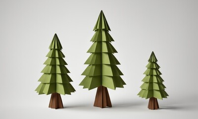 Papercraft pine trees isolated on white background