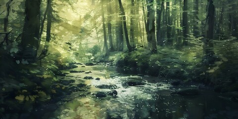 Tranquil forest stream captured in digital painting style for ecotourism promotions. Concept Nature Scenes, Digital Art, Ecotourism, Forest Stream, Tranquility