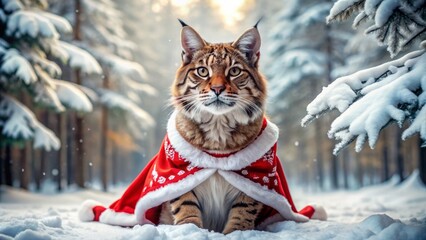 Majestic wild cat dressed in festive red and white attire, posing regally on snowy forest floor, evoking holiday magic atmosphere.