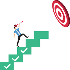 Businessman Climbing Ladder to Hit Arrow Target Strategic Decision