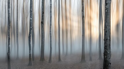 Softly blurred forest with sunlit trees