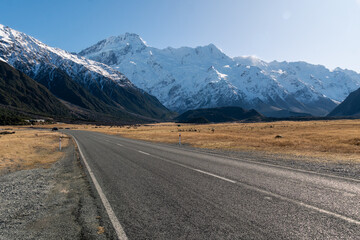 Mt Cook, New Zealand: Road in the Mt Cook region in the southern alps in New Zealand south island on a sunny winter day.