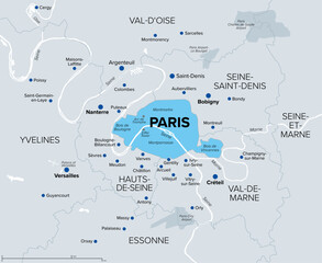 Paris, department and capital of France, political map. Part of Ile-de-France, with Petite Couronne, the inner ring, formed by 3 departments bordering Paris, forming a geographical crown around it.