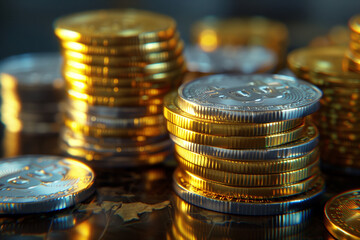 gold and silver coins and cryptos like bitcoins and ethereum stacked on the table