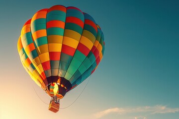Fototapeta premium A majestic hot air balloon floating peacefully against a clear blue sky at sunrise, with the golden hues of the rising sun casting a warm glow over the horizon. The intricate details of the balloon's