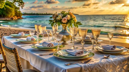 Elegant dinner setting on a pristine beach at sunset with fine china, glasses, and linens on a beautifully adorned table.