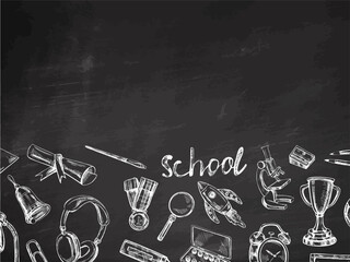 Back to School, hand drawn school supplies, template. Doodle lettering and school object collection. Education Concept.  Chalkboard background. Vector illustration. Back to School.
