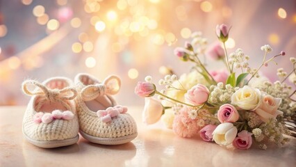 Soft glowing lanterns surround a tiny onesie and baby block with tender flowers on a serene pastel-colored nursery background atmosphere.