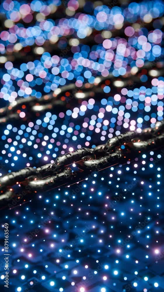 Poster Futuristic Blockchain Concept with Glowing Blue Bokeh and Chain Links

