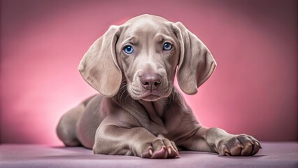 Adorable Weimaraner puppy with sleek gray coat and floppy ears lying on soft pink background with subtle texture accents.