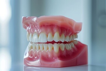 Obraz premium Realistic anatomical model of human jaw demonstrating healthy teeth, gums for dentistry education.